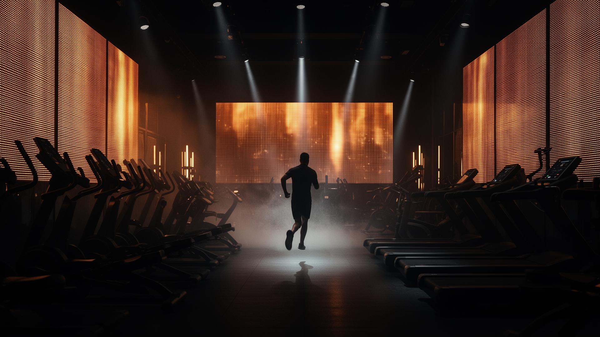 The AURUM training floor at night, lit by floor-to-ceiling LED screens